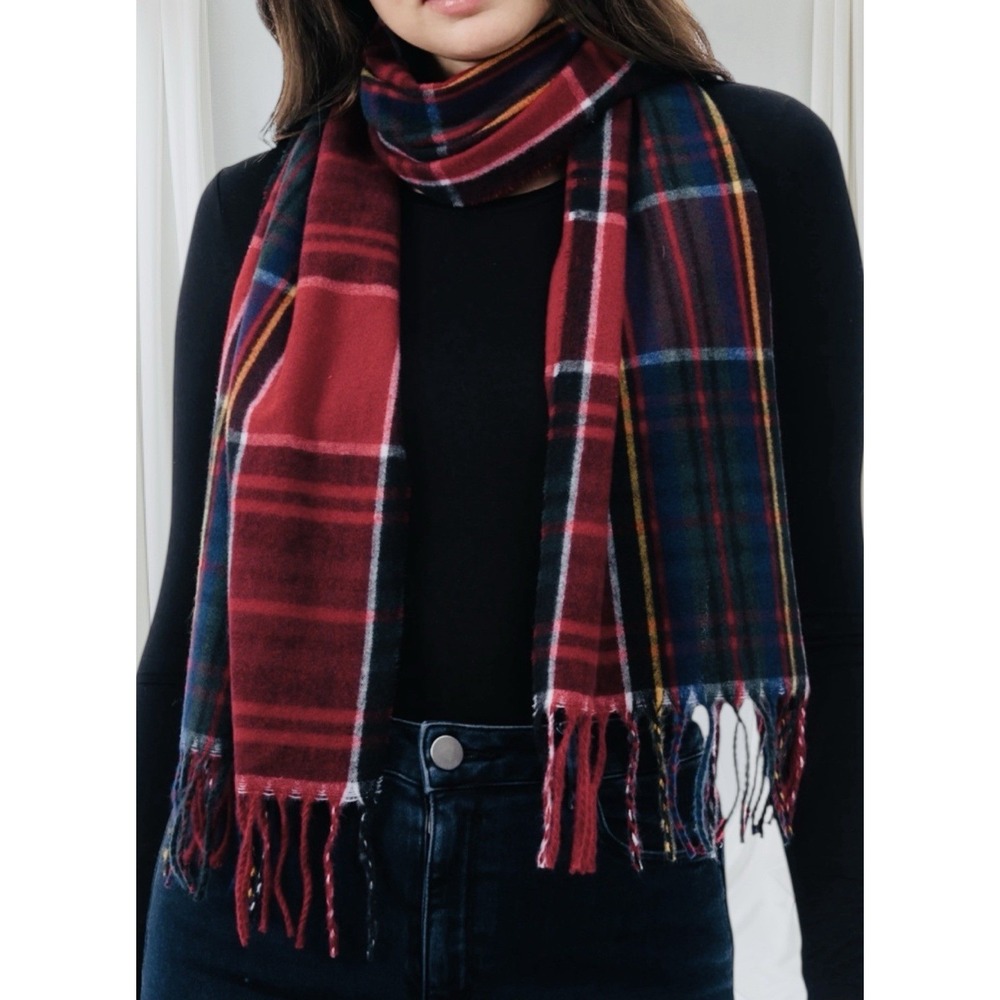 Style & Co Plaid Fringe-Trim Rectangle Scarf Women's One Size Red 68"x15"